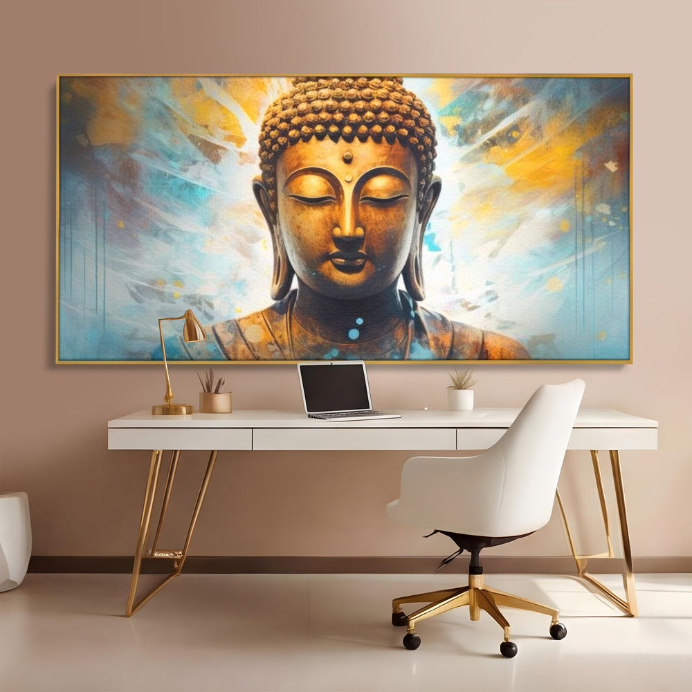 Tablou canvas cu tablou canvas cu bustul lui buddha, in rama de aluminiu auriu, pe perete intr-un birou